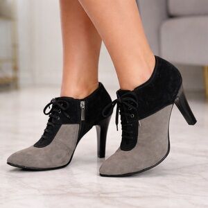 Two-Tone Suede & Leather Lace-Up Heeled Booties | US 8–8.5 | Pointed Toe